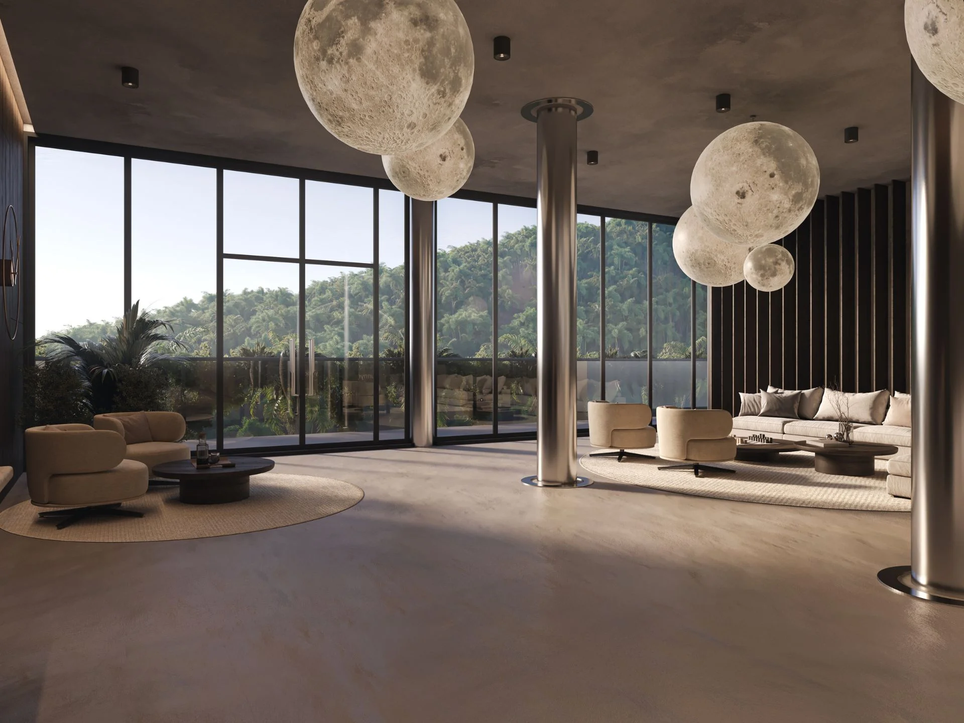Living room interior with mountain view in studio apartment at Sunny Moon, Nai Ha