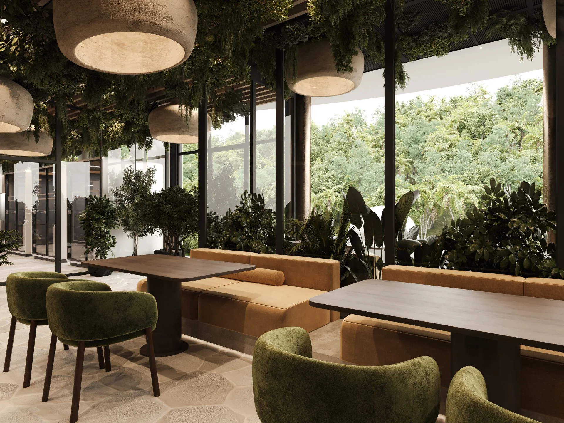 Common area with lounge seating and forest view at Sunny Moon, Nai Ha