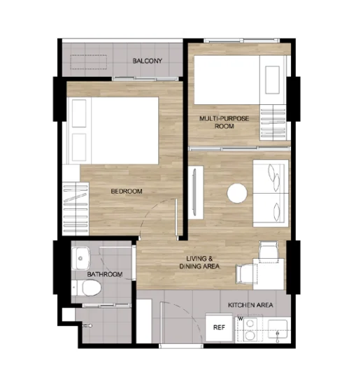 2 bedroom 34,5 sqm unit plan