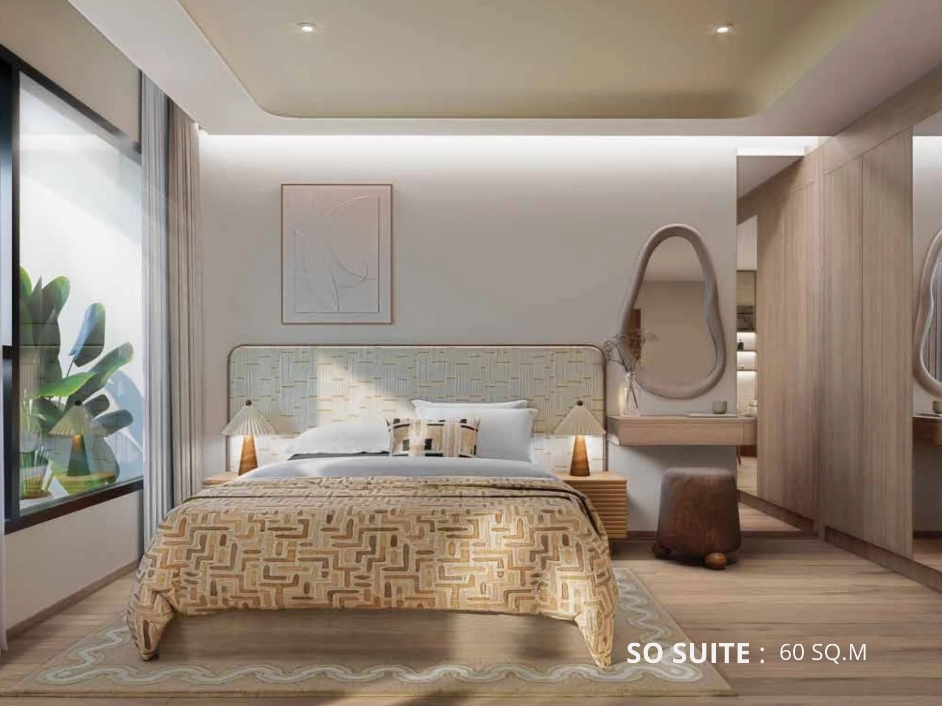 Интерьер главной спальни в 2-комнатной квартире SO Origin Lagoon, Банг Тао