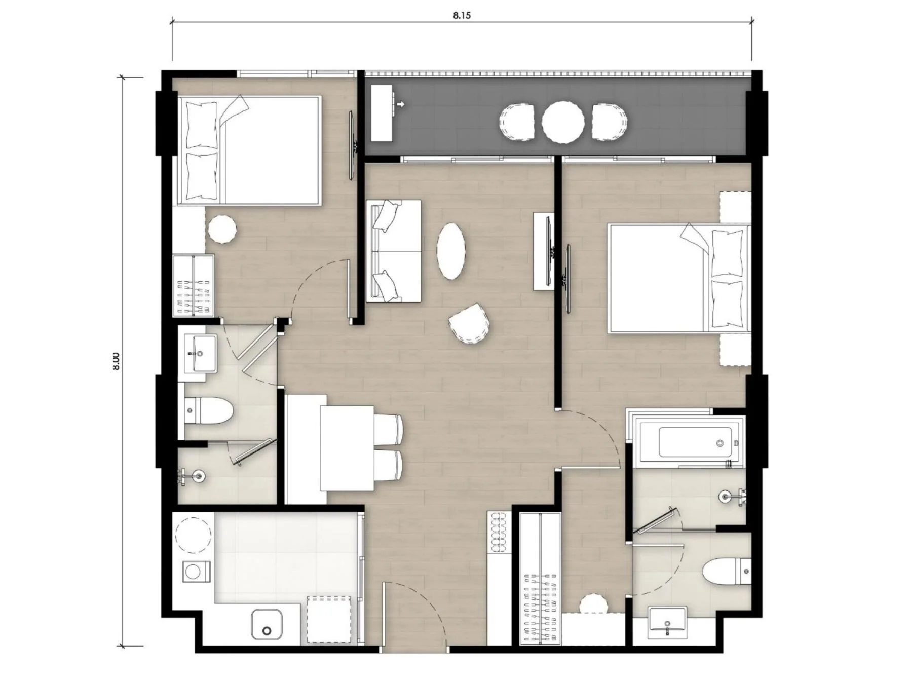 2 bedroom 65 sqm unit plan