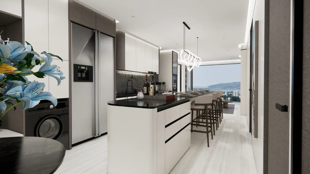 Кухня и столовая с видом на море в 4-комнатной квартире Ever Prime Residences, Каро