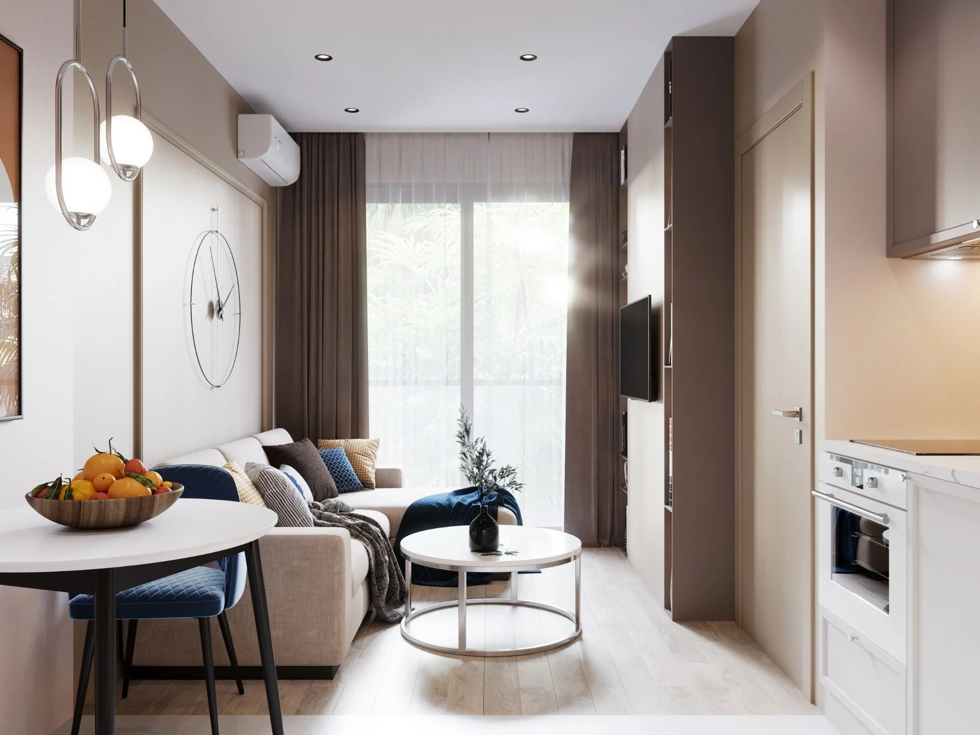 Wohnzimmer und Küche in einer 2-Zimmer-Wohnung in Dominion, Rawai