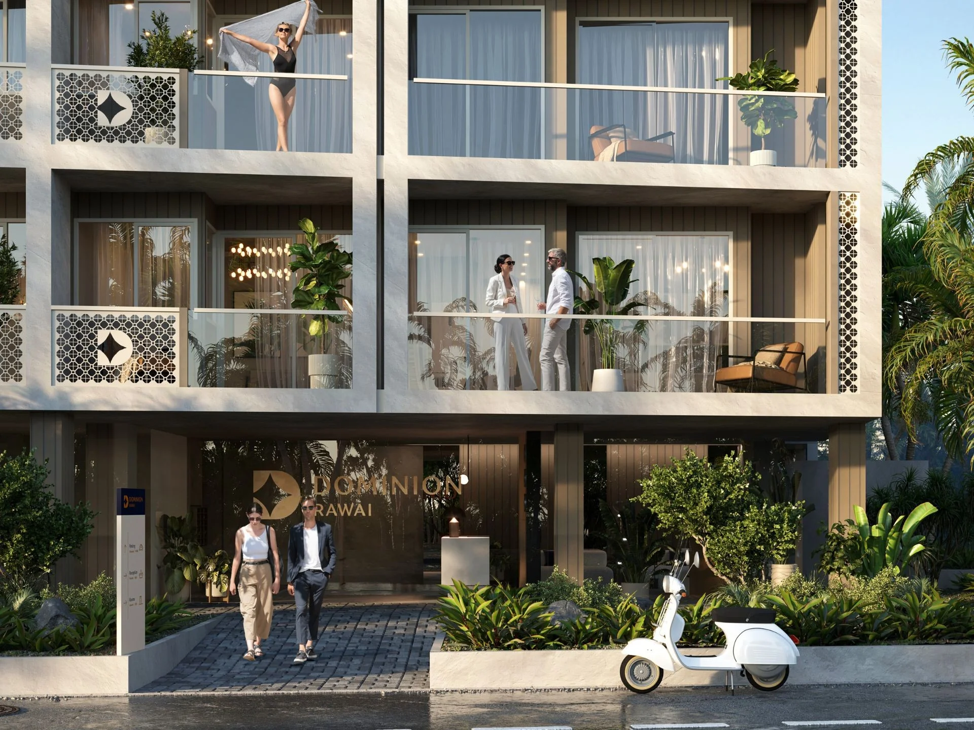 Architektur der Dominion Apartments mit gestalteter Eingangsfassade, Rawai