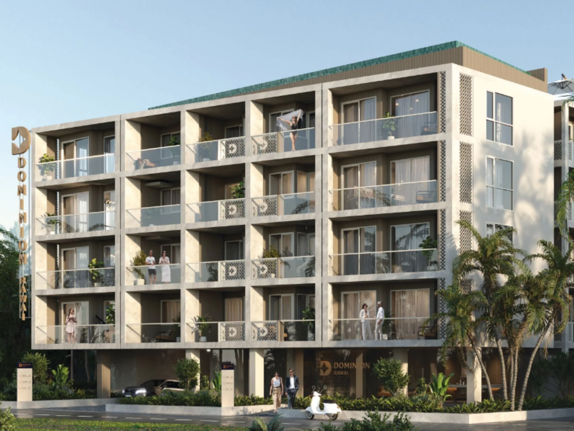 Architektur der Dominion-Apartments mit Balkonen und Einzelhandelsflächen im Erdgeschoss, Rawai