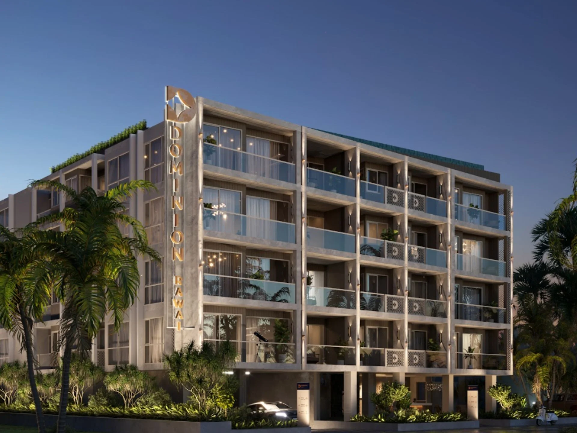 Architektur der Dominion Apartments mit vertikalem Schild, Rawai