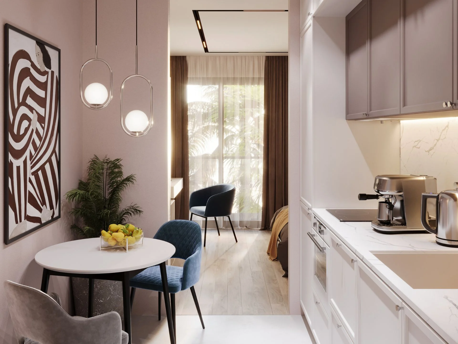 Open-plan kitchen and dining area interior in studio apartment at Dominion, Rawai