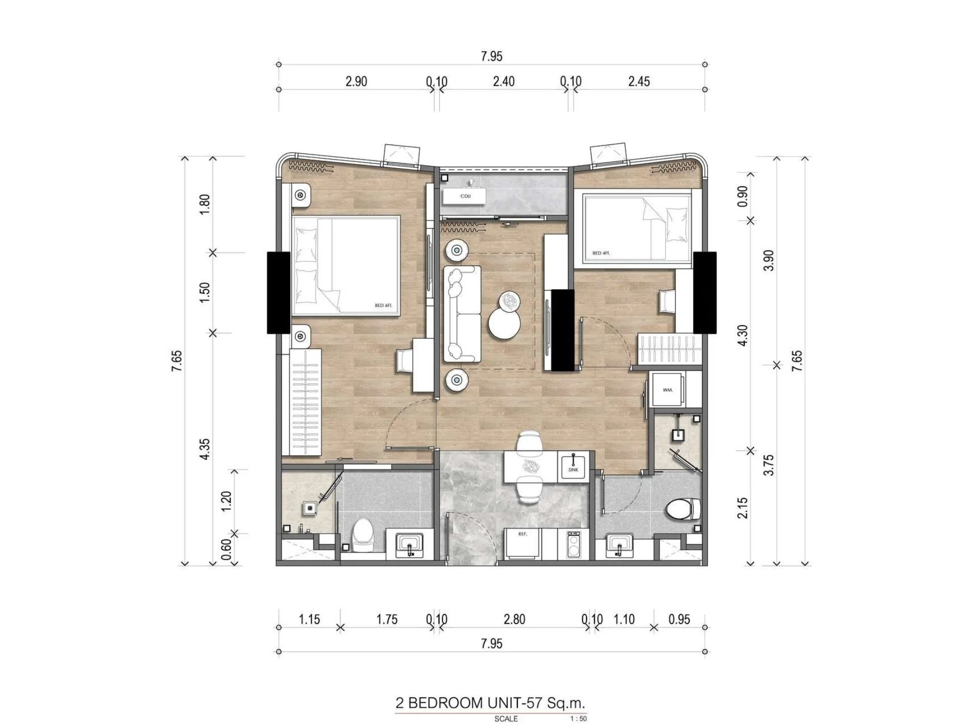2 bedroom 57 sqm unit plan