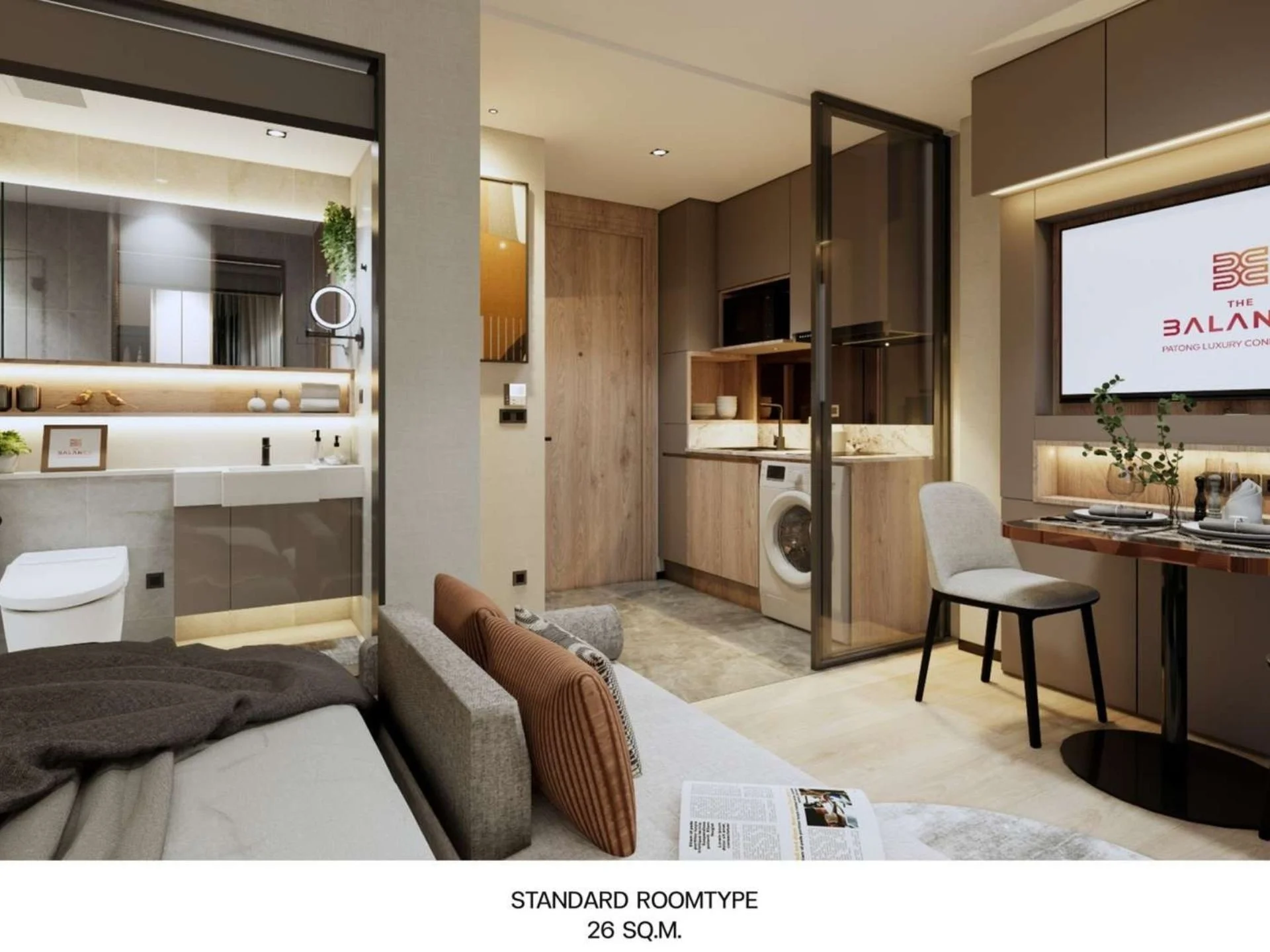 Интерьер студии с гостиной, мини-кухней и ванной в The Balance Patong, Патонг