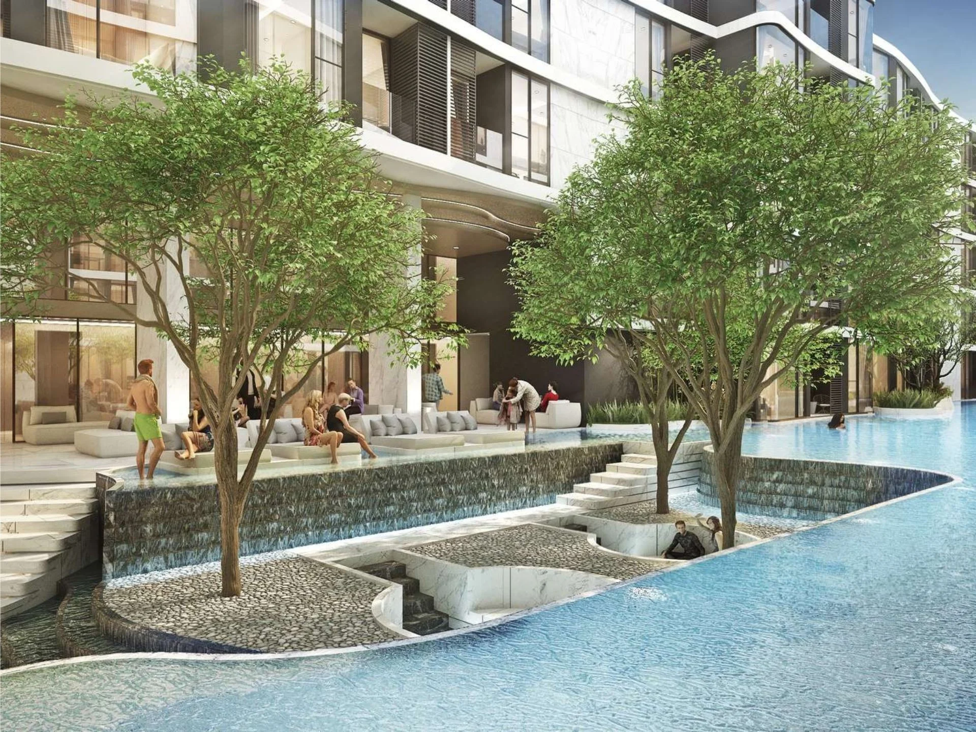 Благоустроенный двор с бассейном и зоной отдыха в The Balance Patong, Патонг