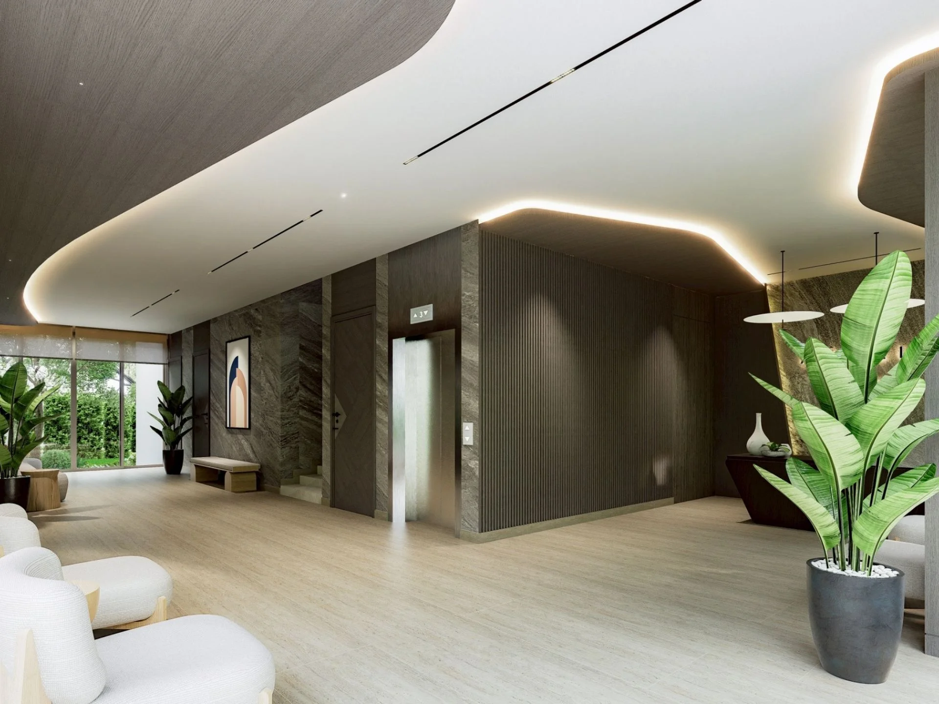 Společná lobby s oblým stropem a moderním osvětlením v hotelu Aceller Hotel & Residence, Thajsko