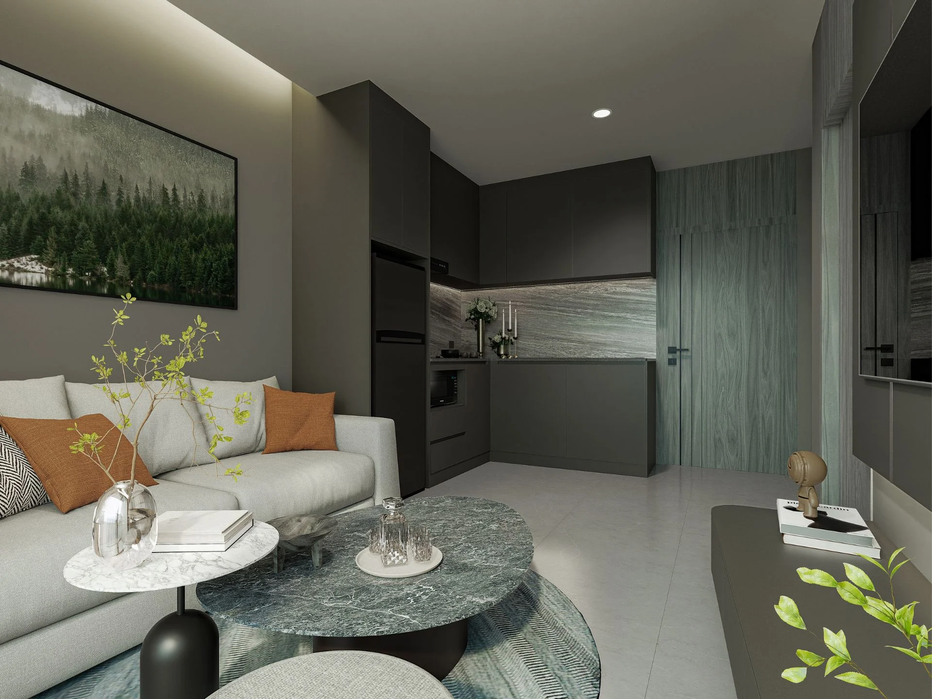 Гостиная и кухня в 1-комнатной квартире отеля Aceller Hotel & Residence, Чалонг