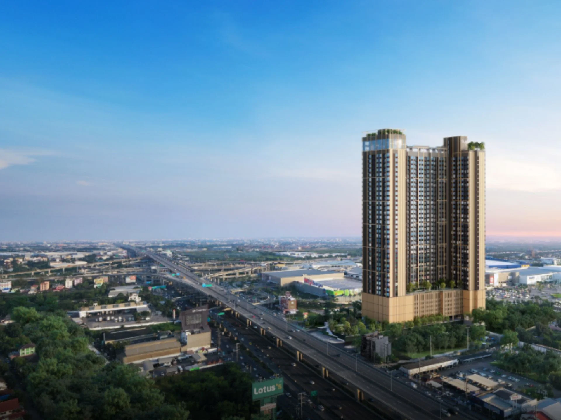 Arquitectura del complejo residencial Nue Mega Plus Bangna con vista a autopista elevada, Tailandia
