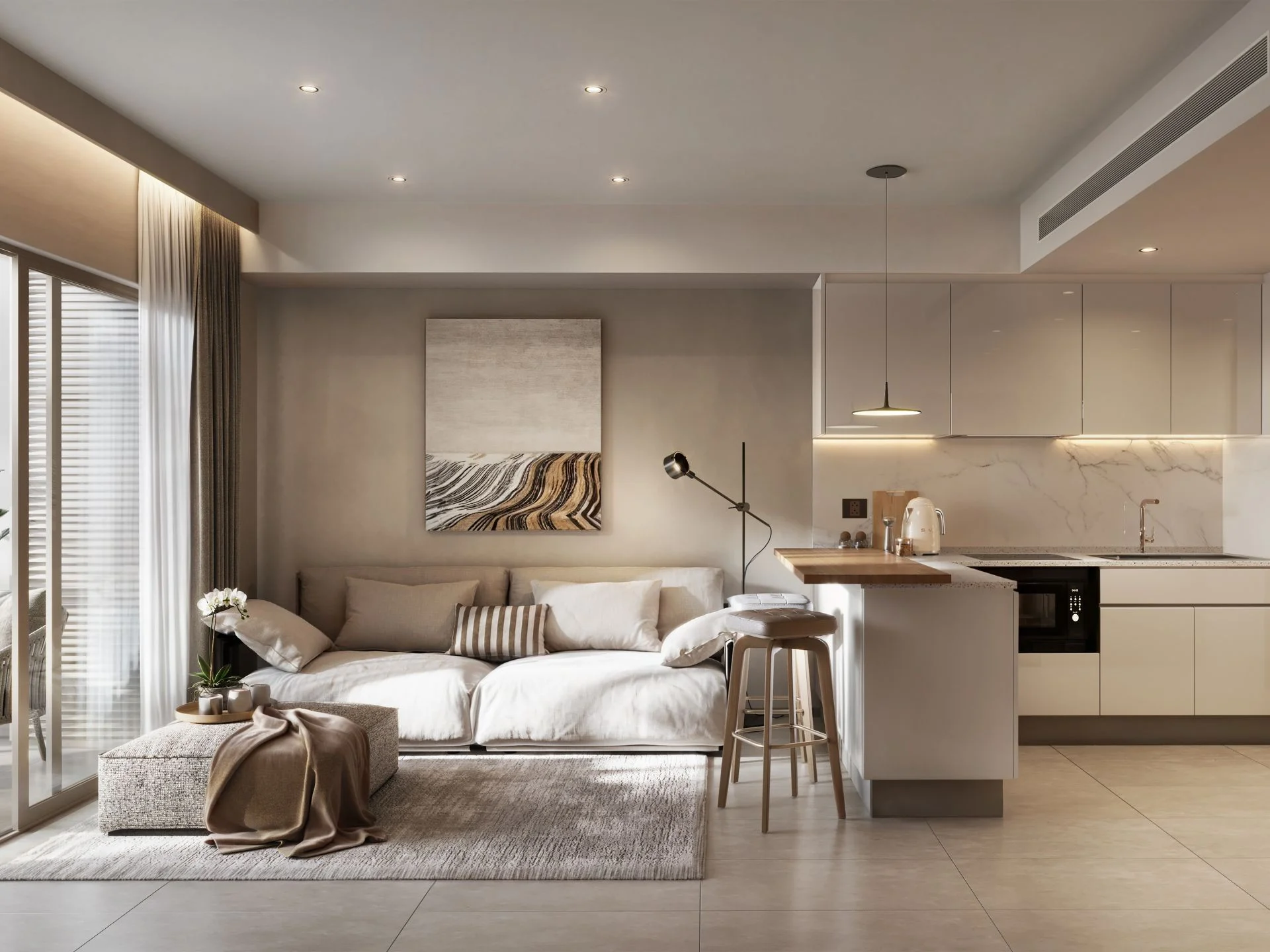 Studio apartment interior with living area and kitchen at Siamese Bangtao, Bang Tao