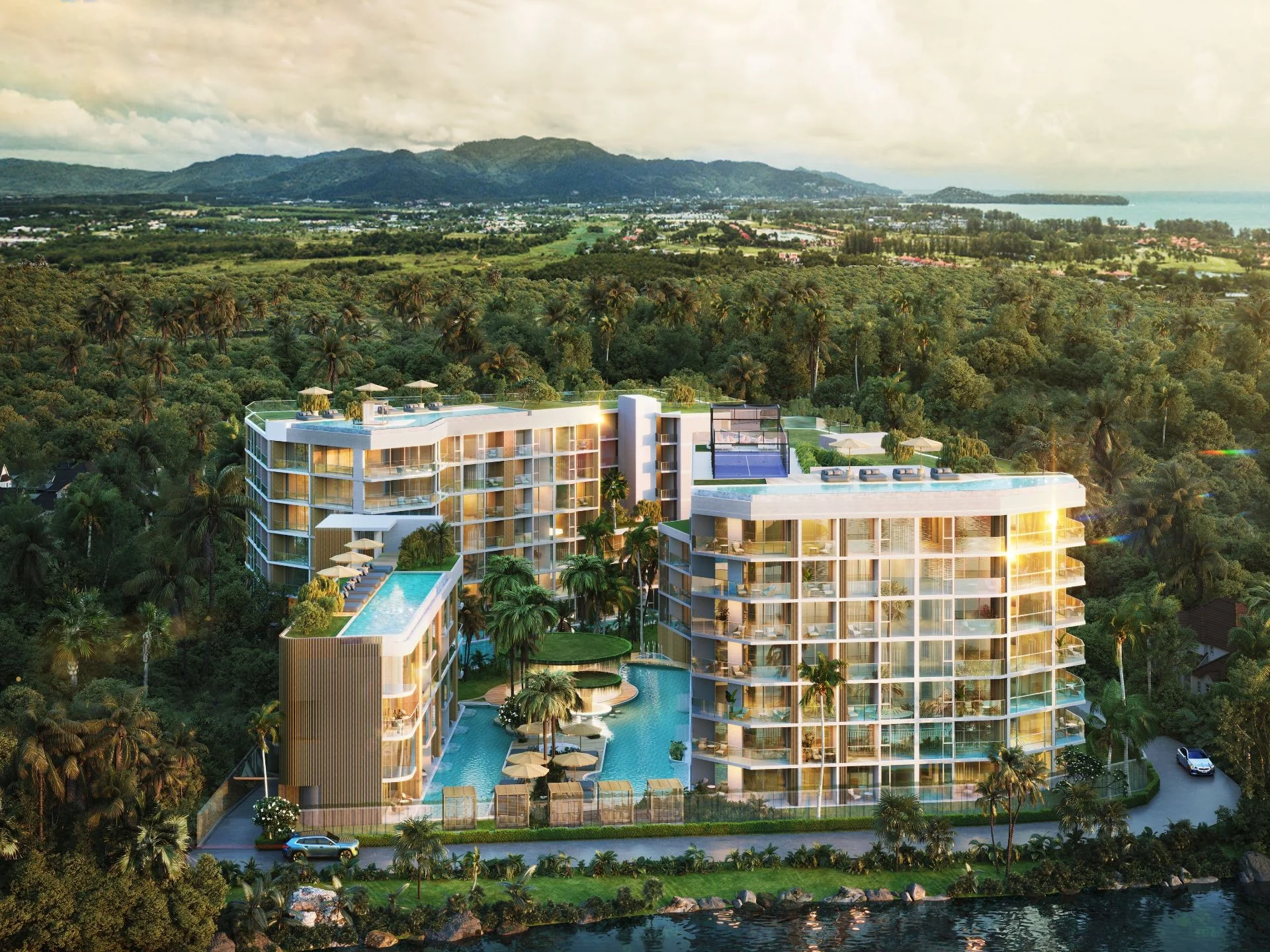 Architecture of Siamese Bangtao residential complex with swimming pool and mountain view, Bang Tao