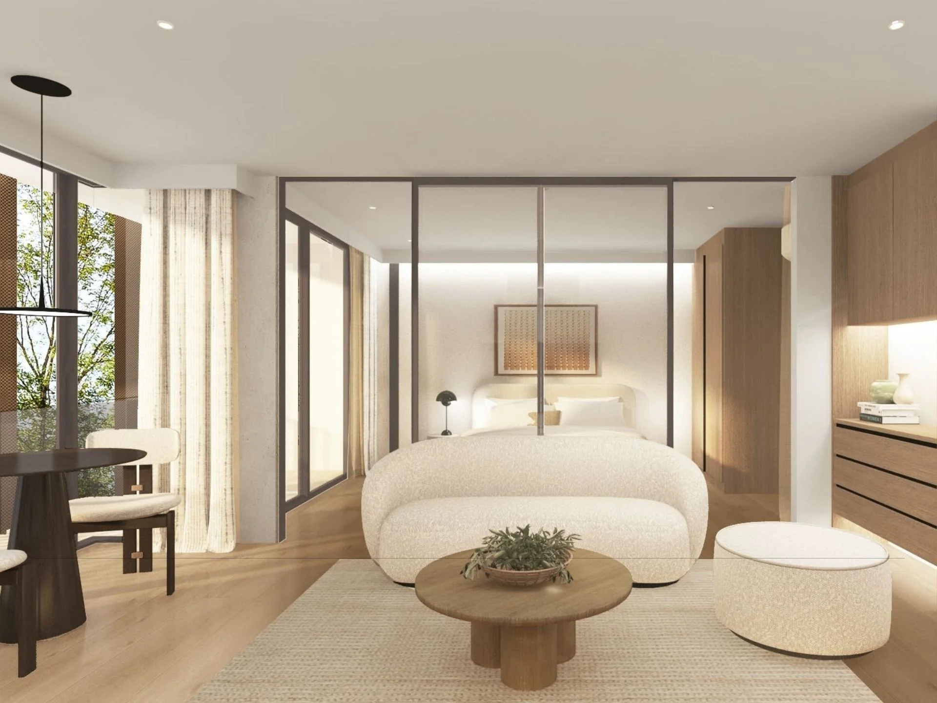 Master bedroom interior with living area in 1-bedroom apartment at The Zero Nai Yang, Thailand