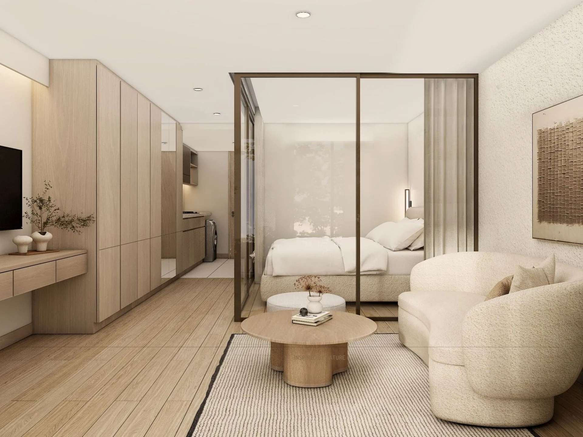 Studio apartment interior with bedroom and living area at The Zero Nai Yang, Nai Yang