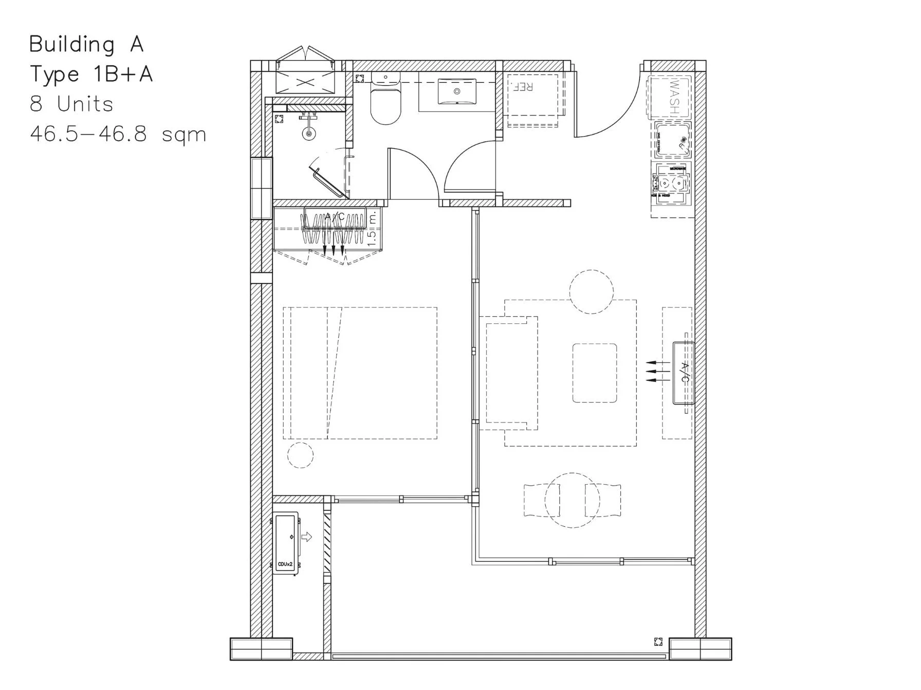 1 bedroom 46,5 sqm unit plan