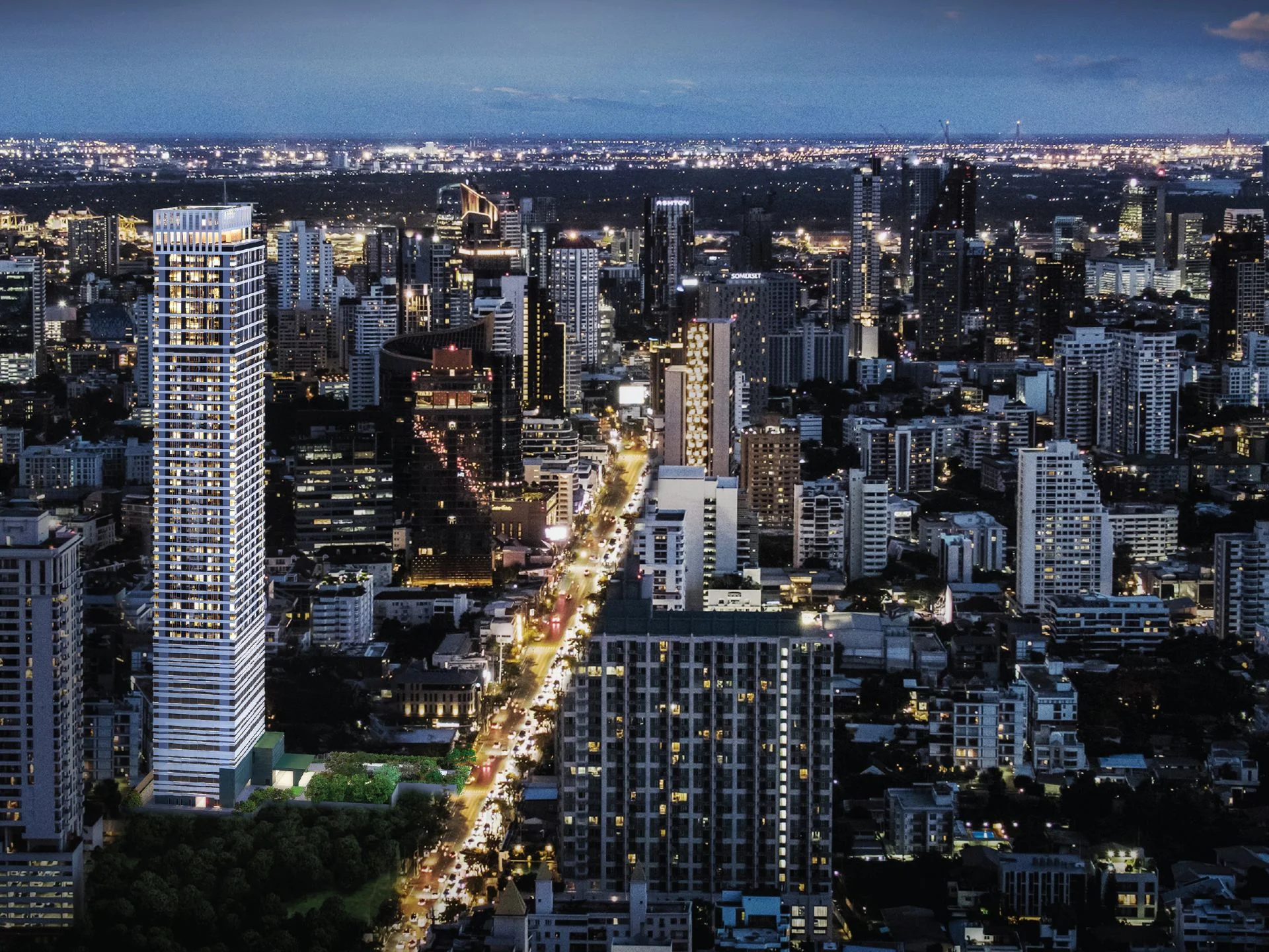Vue de la ville depuis l'appartement Noble Form Thonglor, Bangkok au crépuscule