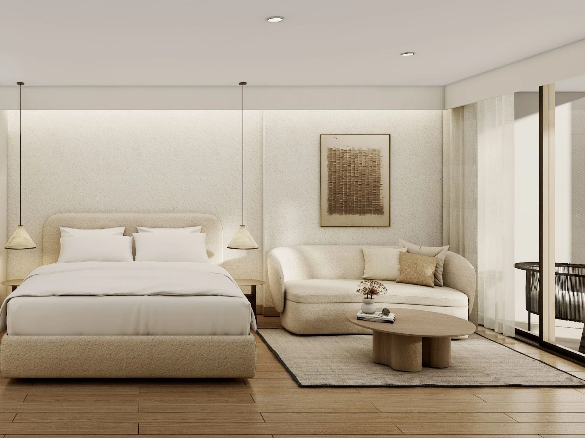 Hauptschlafzimmer mit Loungebereich in Studiowohnung im The Zero Nai Yang, Nai Yang