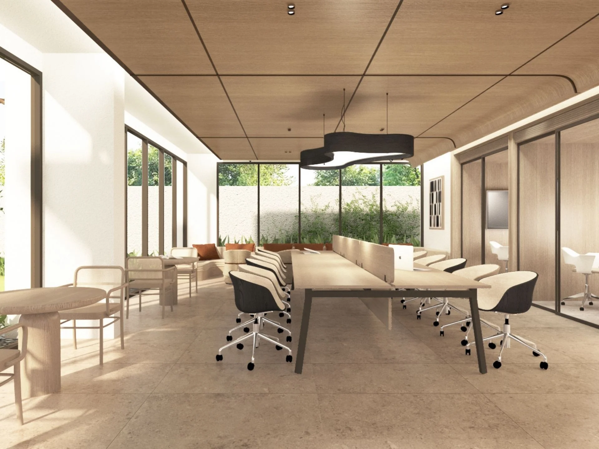 Open-plan office space with wooden ceiling and natural light at The Zero Nai Yang, Thailand