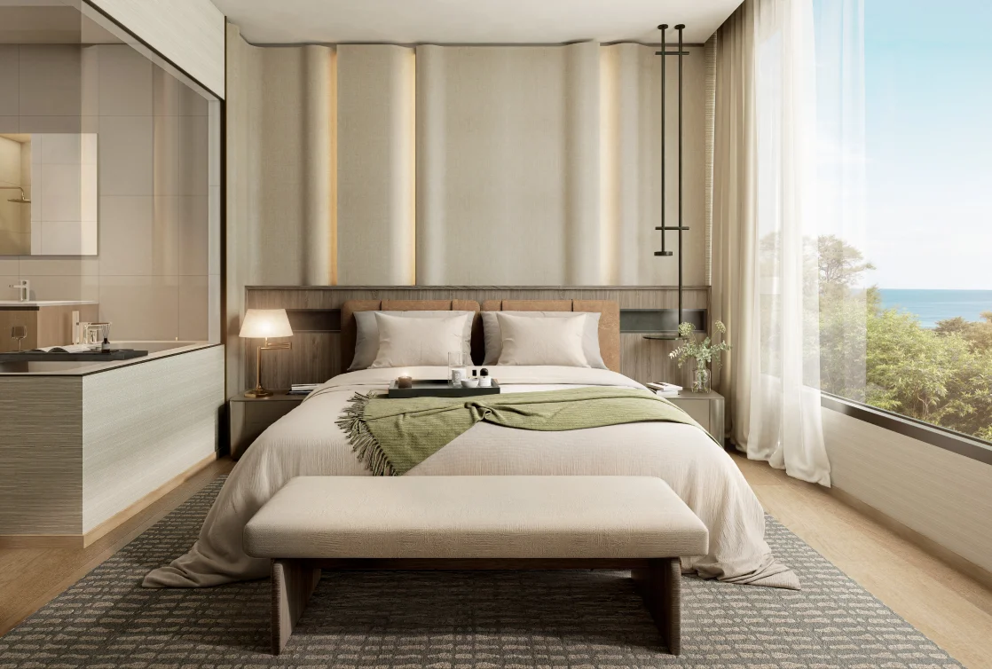 Интерьер главной спальни с видом на море в 1-комнатной квартире Origin Residences, Таиланд