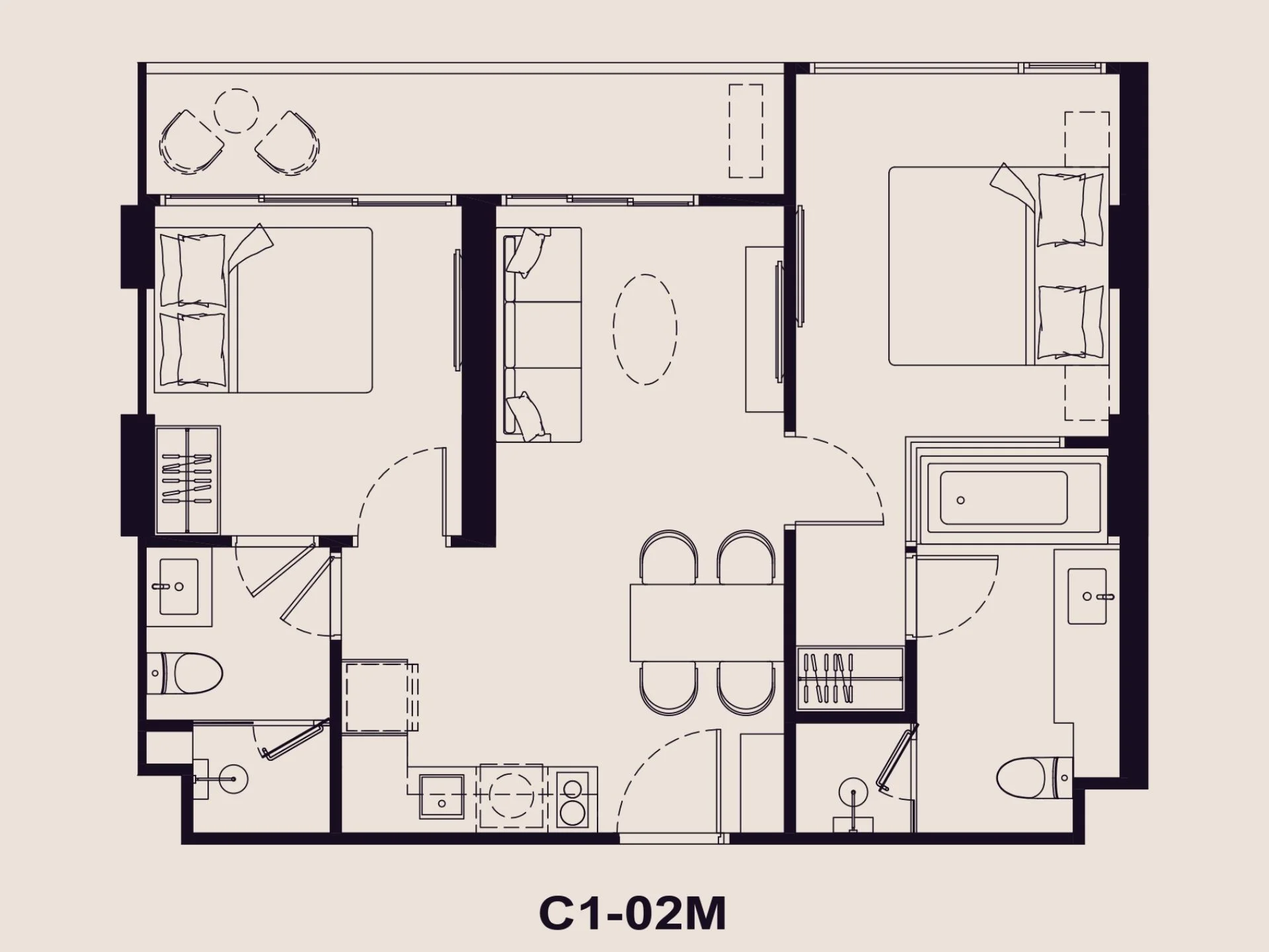 2 bed 60 sqm unit plan