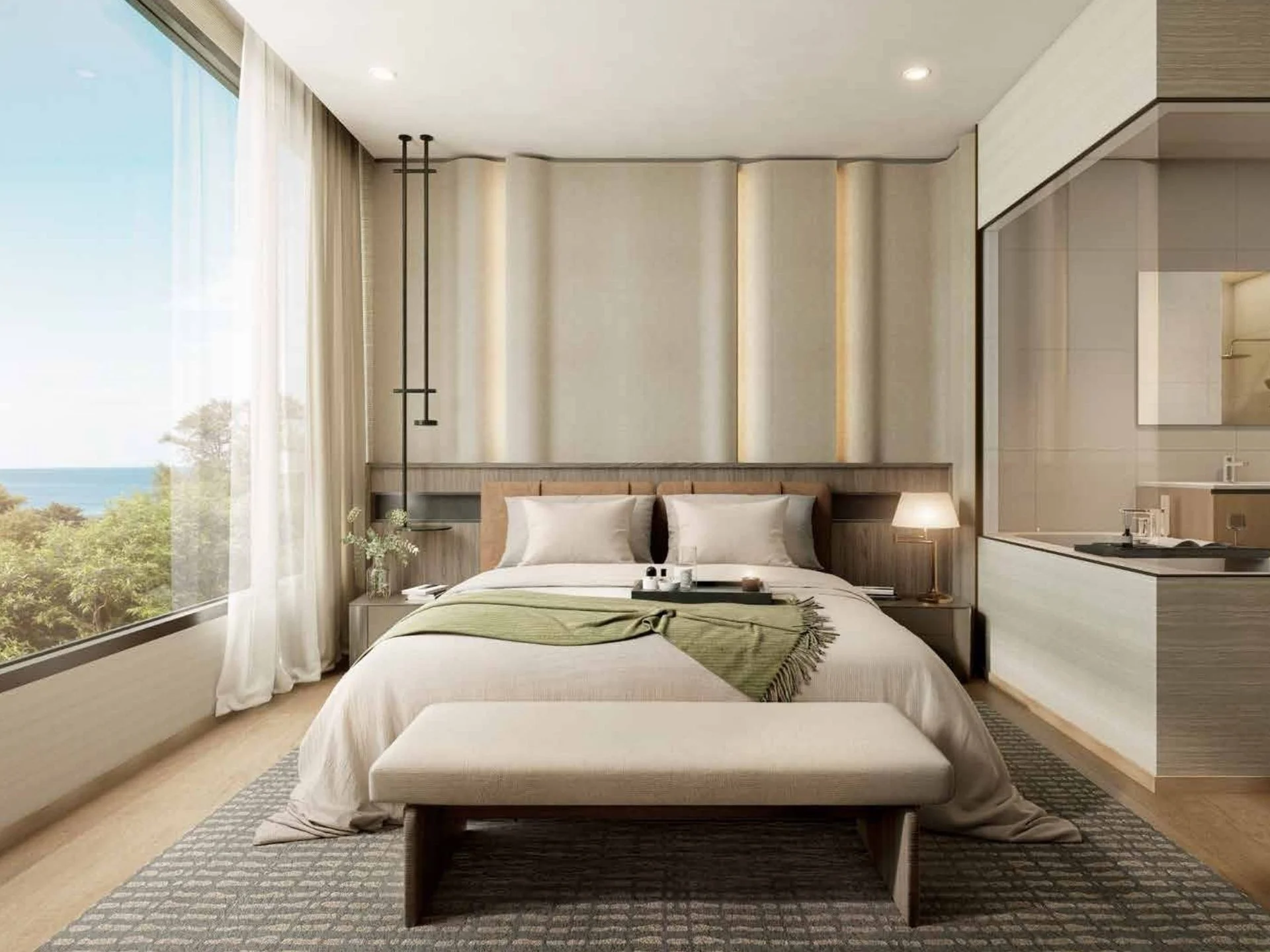 Интерьер главной спальни с видом на море в Origin Residences, Таиланд