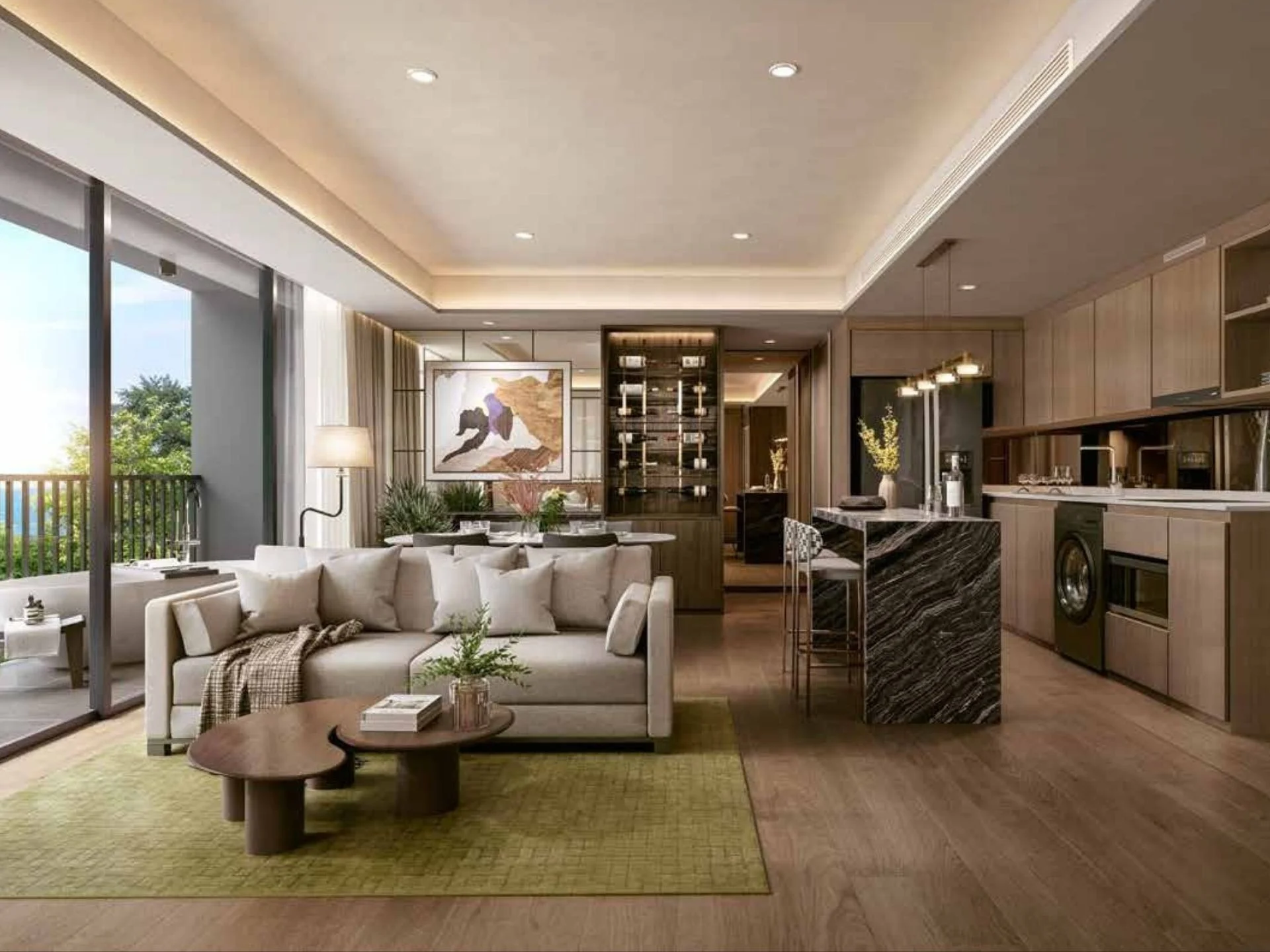 Открытая гостиная и кухня в 2-комнатной квартире Origin Residences, Таиланд