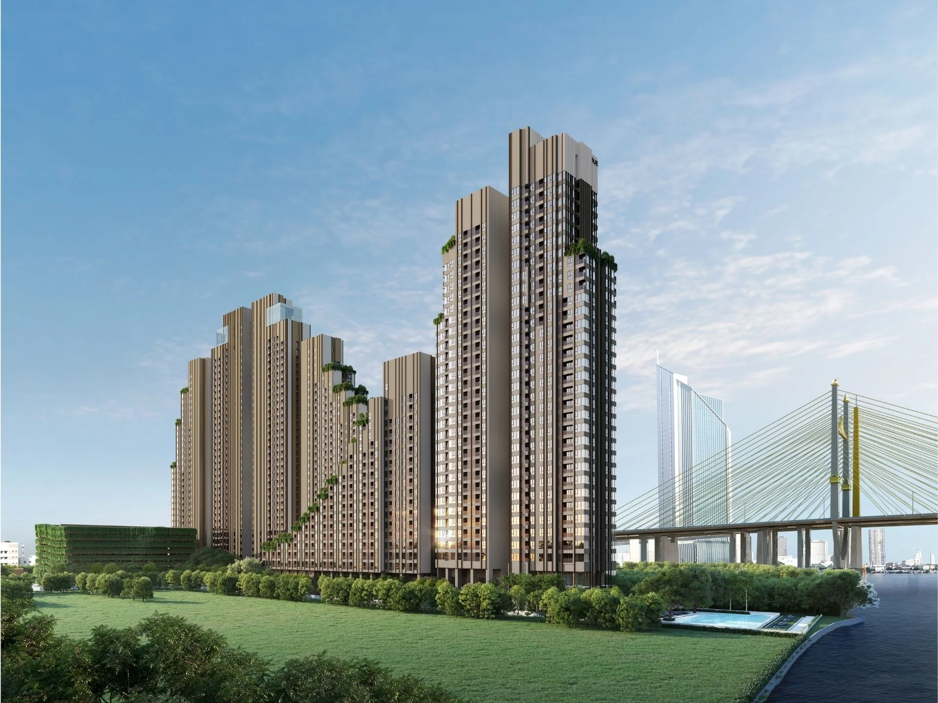 Архитектура жилого комплекса Nue Riverest с видом на мост, Рат Бурана