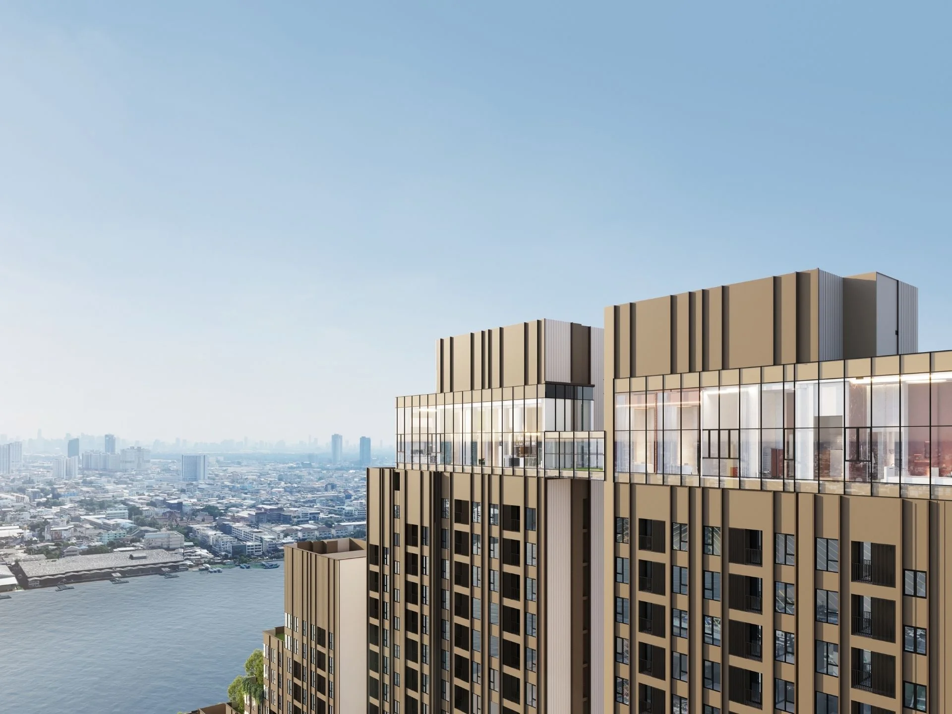 Современная архитектура жилого комплекса Nue Riverest с видом на город, Рат Буран