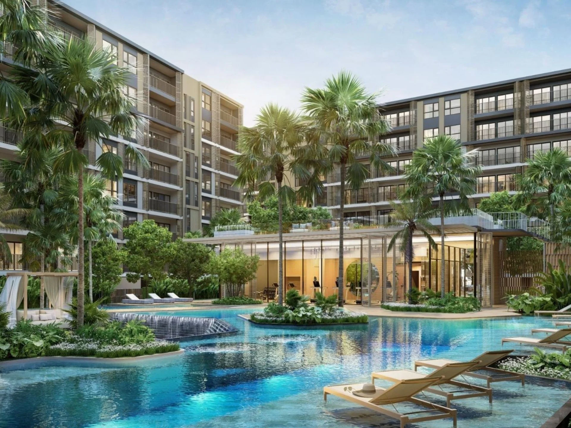 Зона бассейна с тропическим ландшафтом в Origin Residences, Таиланд