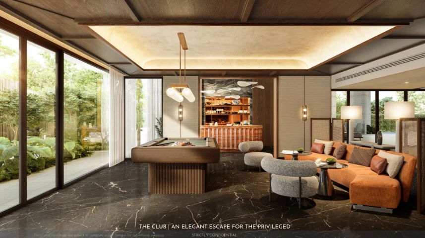 Interno della lussuosa lounge del club presso SO Origin Residences Bangtao, Tailandia