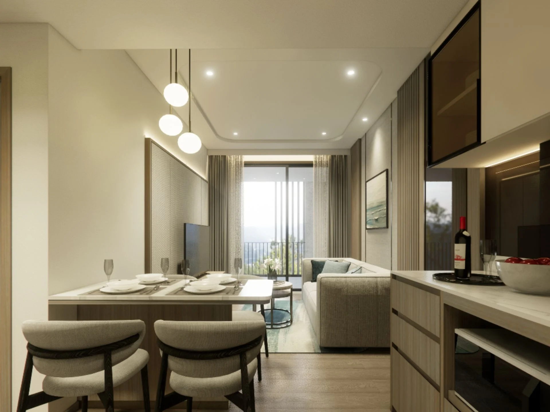 Comedor y sala de estar de planta abierta en apartamento de 1 dormitorio en The City Phuket, Tailandia