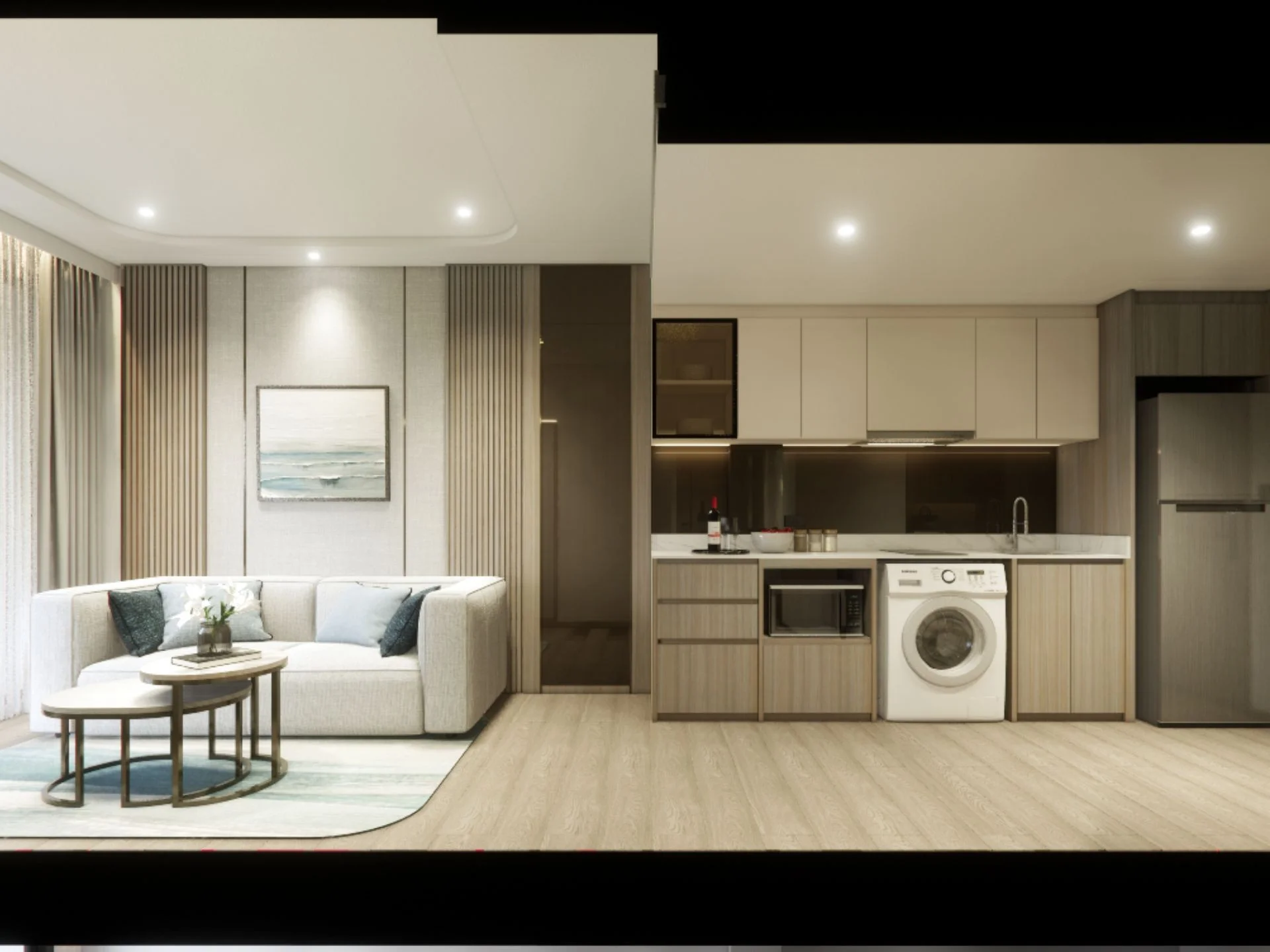 Interior de sala y cocina de planta abierta en apartamento de 1 dormitorio en The City Phuket, Tailandia