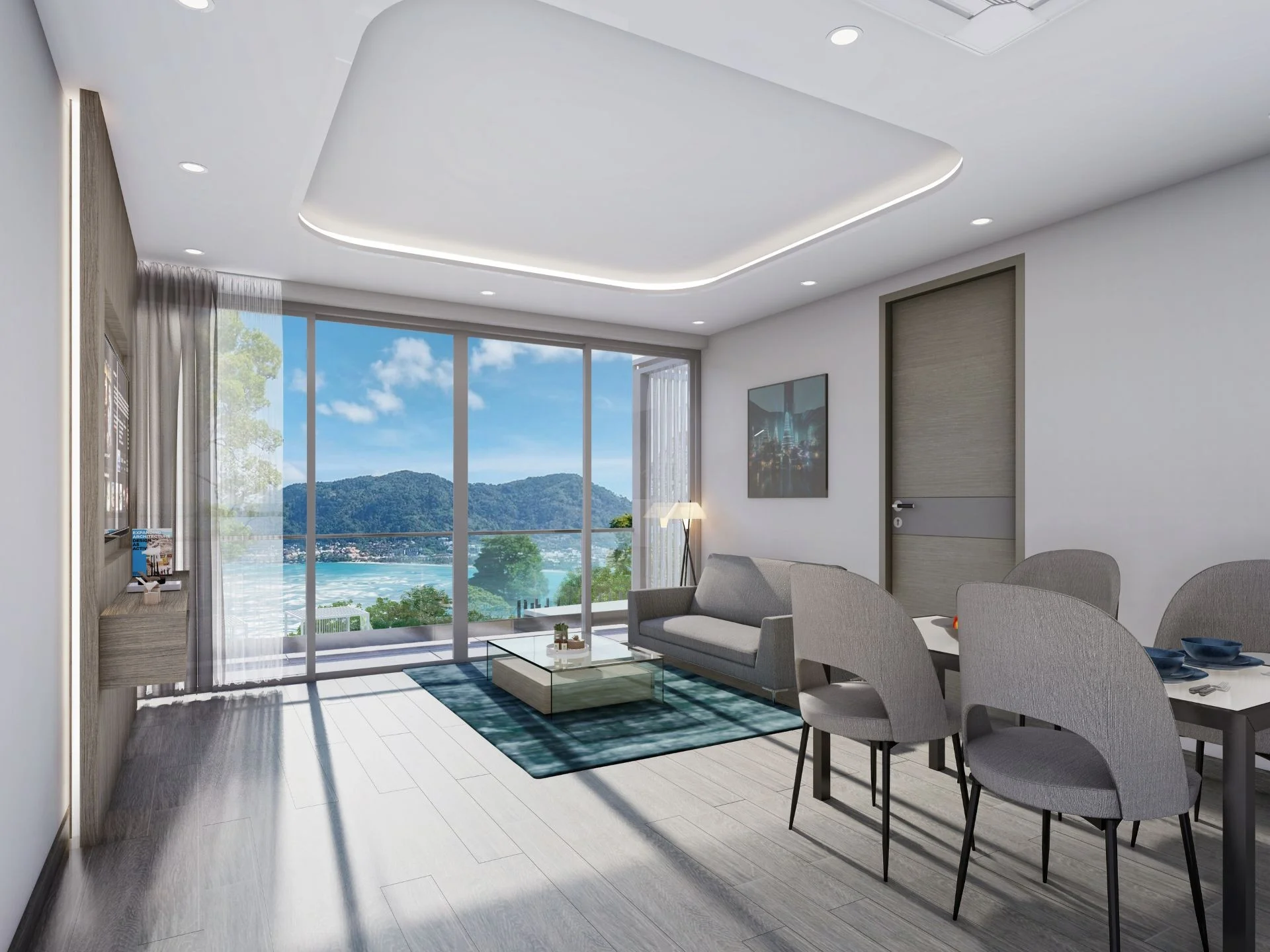 Вид на море из гостиной в 1-комнатной квартире курорта The Coral Beach Oceanview, Таиланд