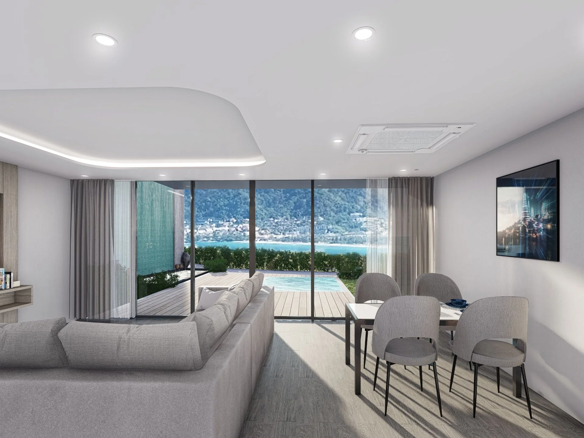 Интерьер гостиной с видом на море в 1-комнатной квартире курорта The Coral Beach, Таиланд