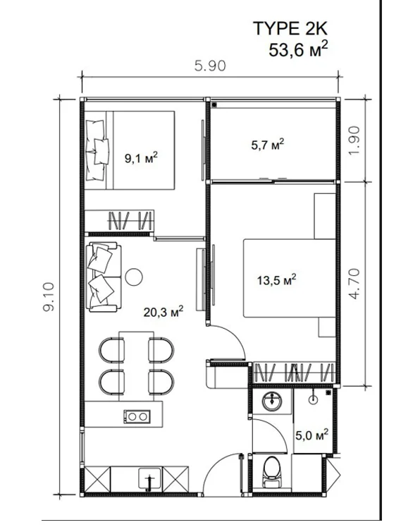 2 bedroom 53.6 sqm unit plan