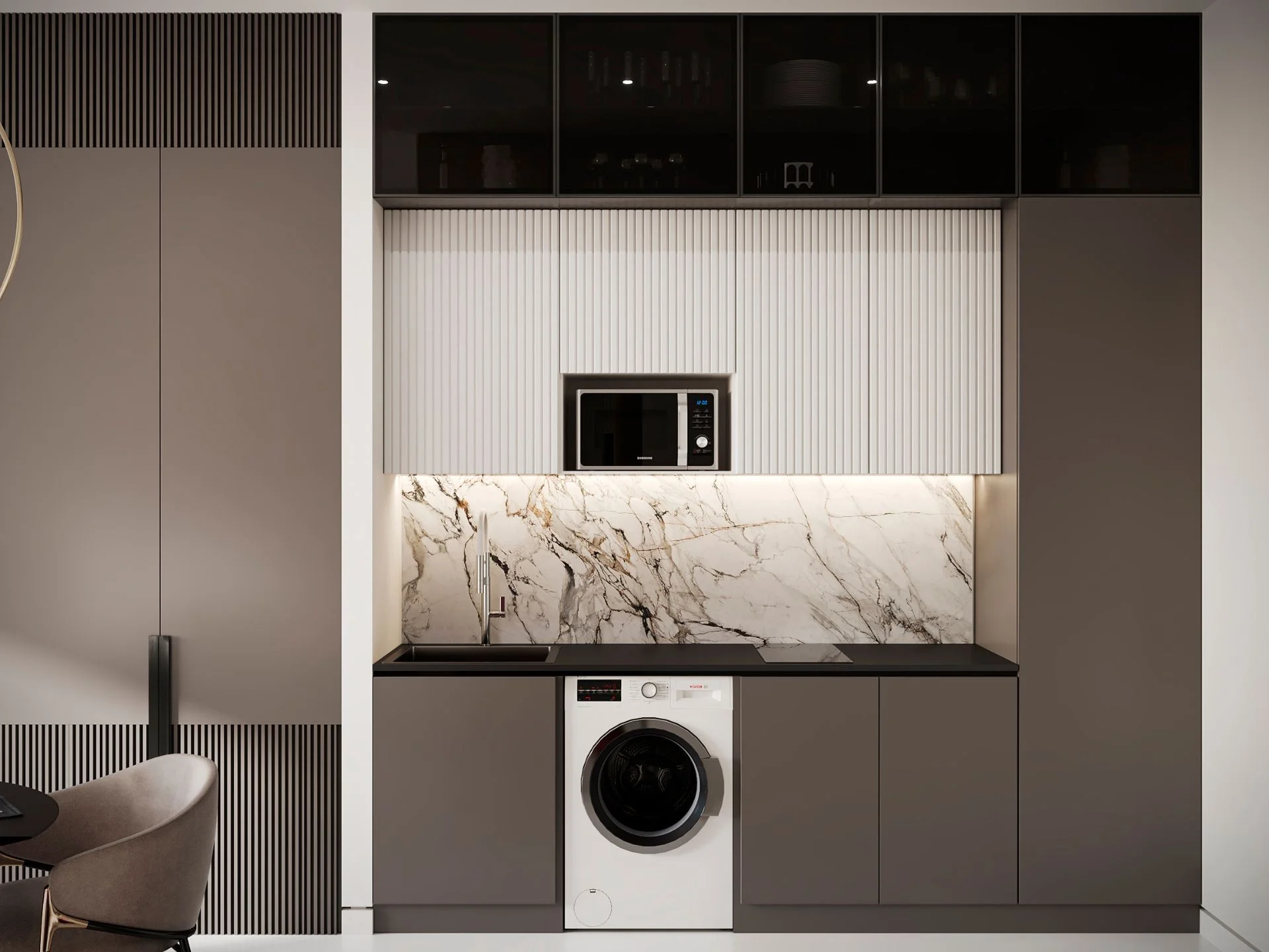 Комната с стиральной машиной и микроволновкой в студии Sun Hills Lakeside, Лаянг