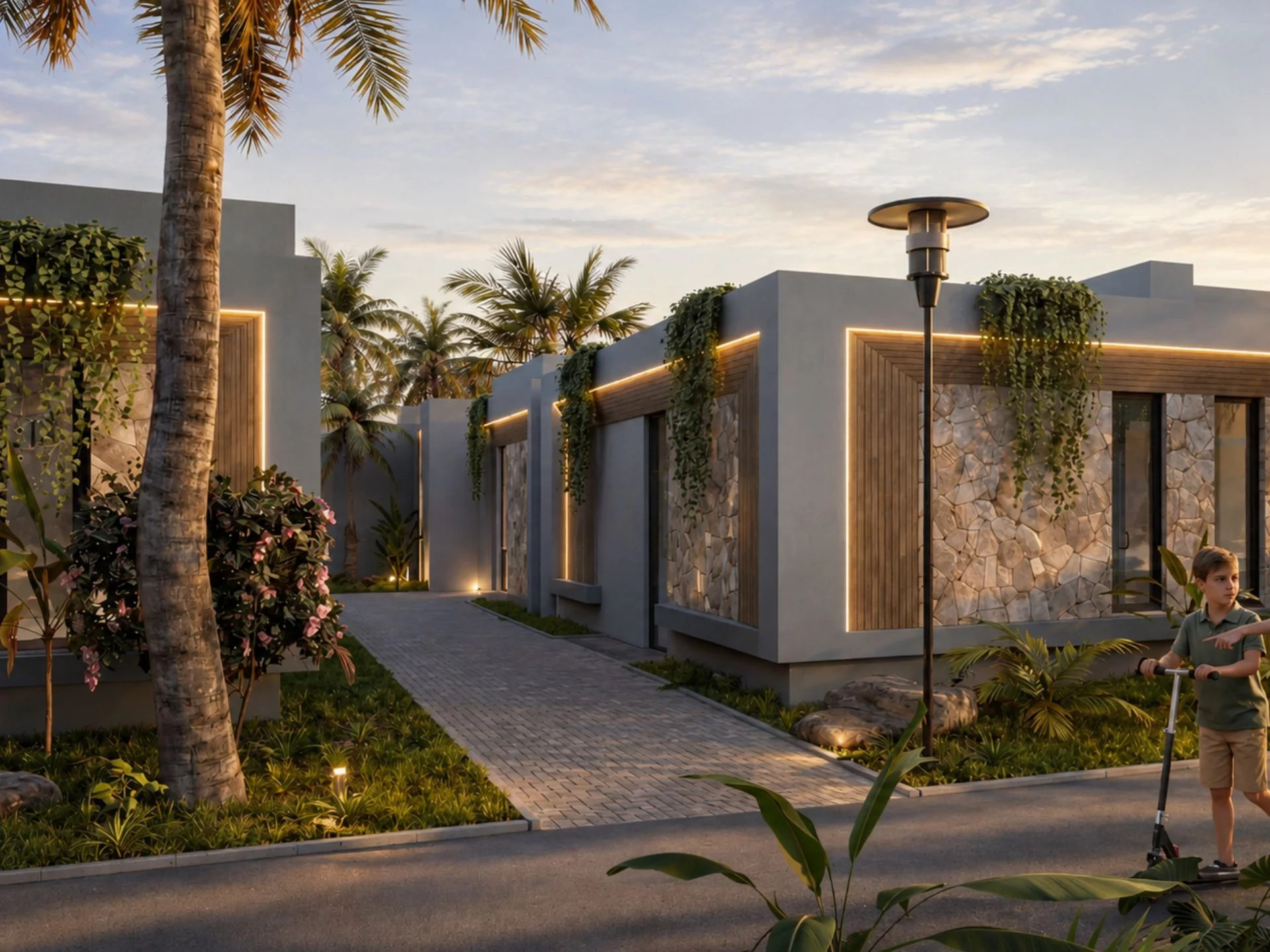 Благоустроенный двор с современными виллами и тропической зеленью в Longevity Resort, Plai Laem