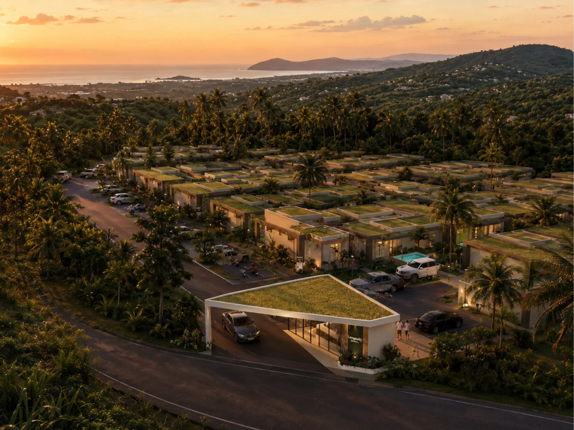 Architecture du Resort Longevity avec vue sur la mer, Thaïlande
