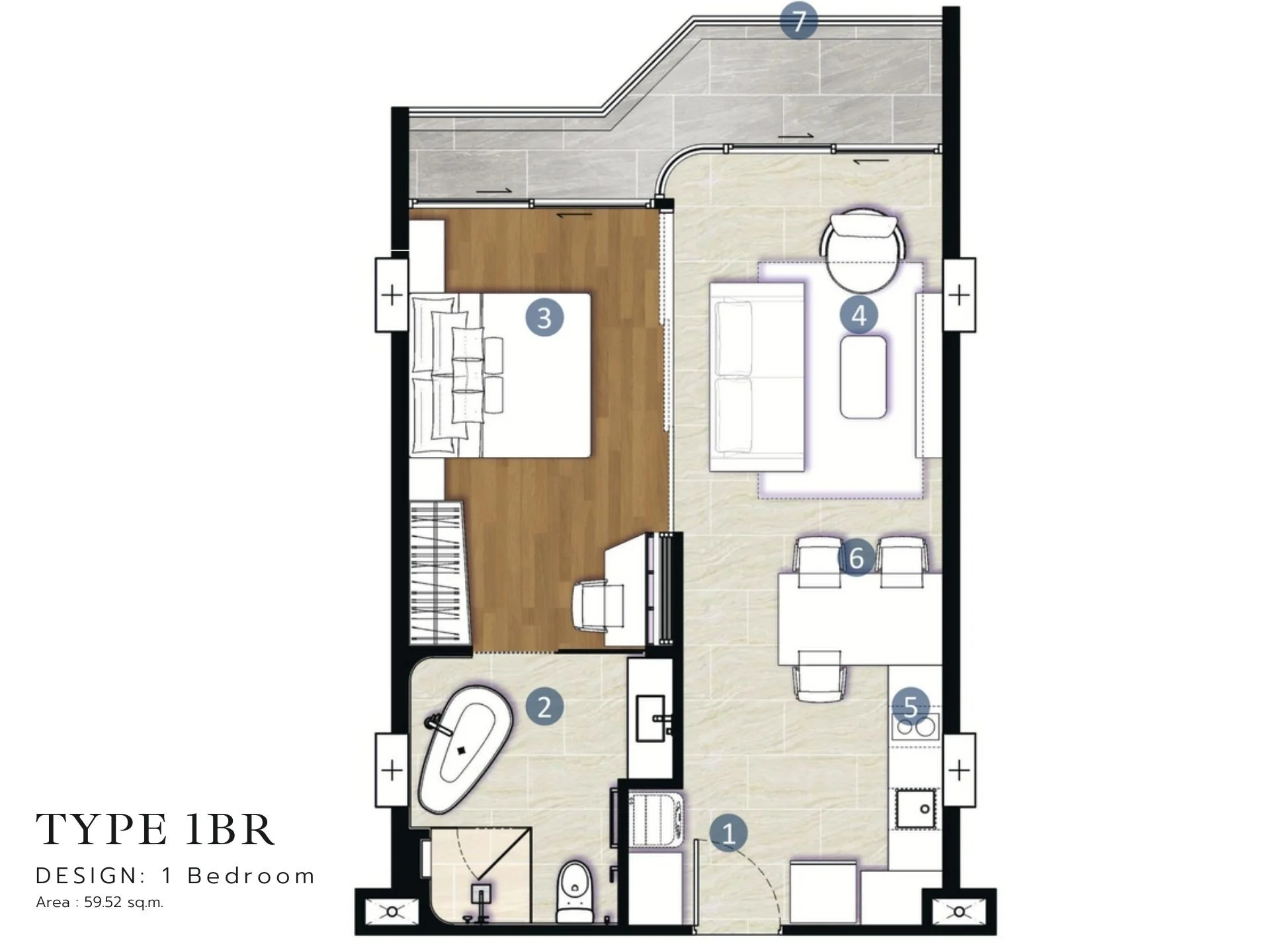 1 bed  57 sqm unit plan