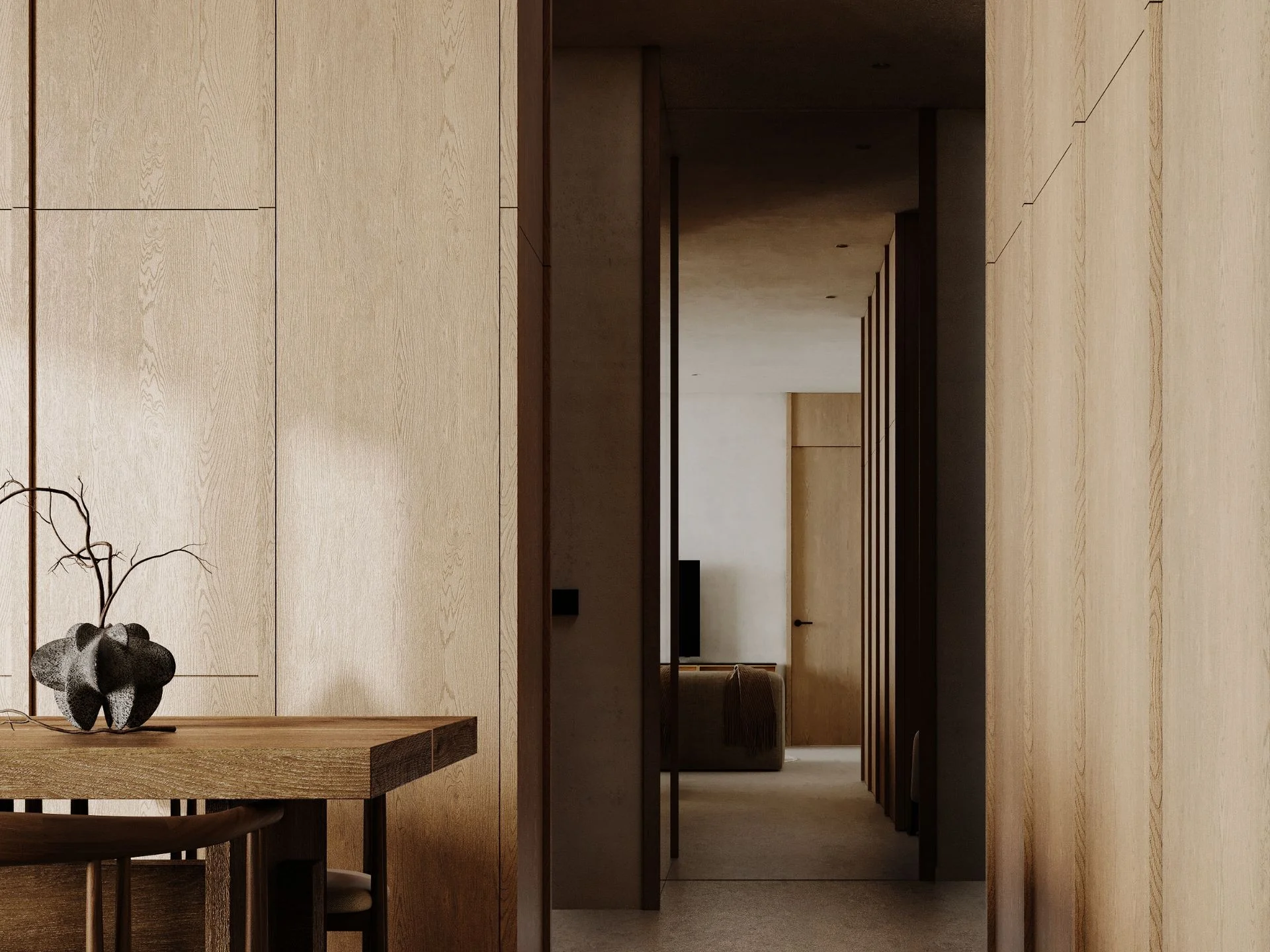 Wnętrze korytarza z drewnianymi panelami w apartamencie 1-sypialniowym w Bamboo Forest, Tajlandia