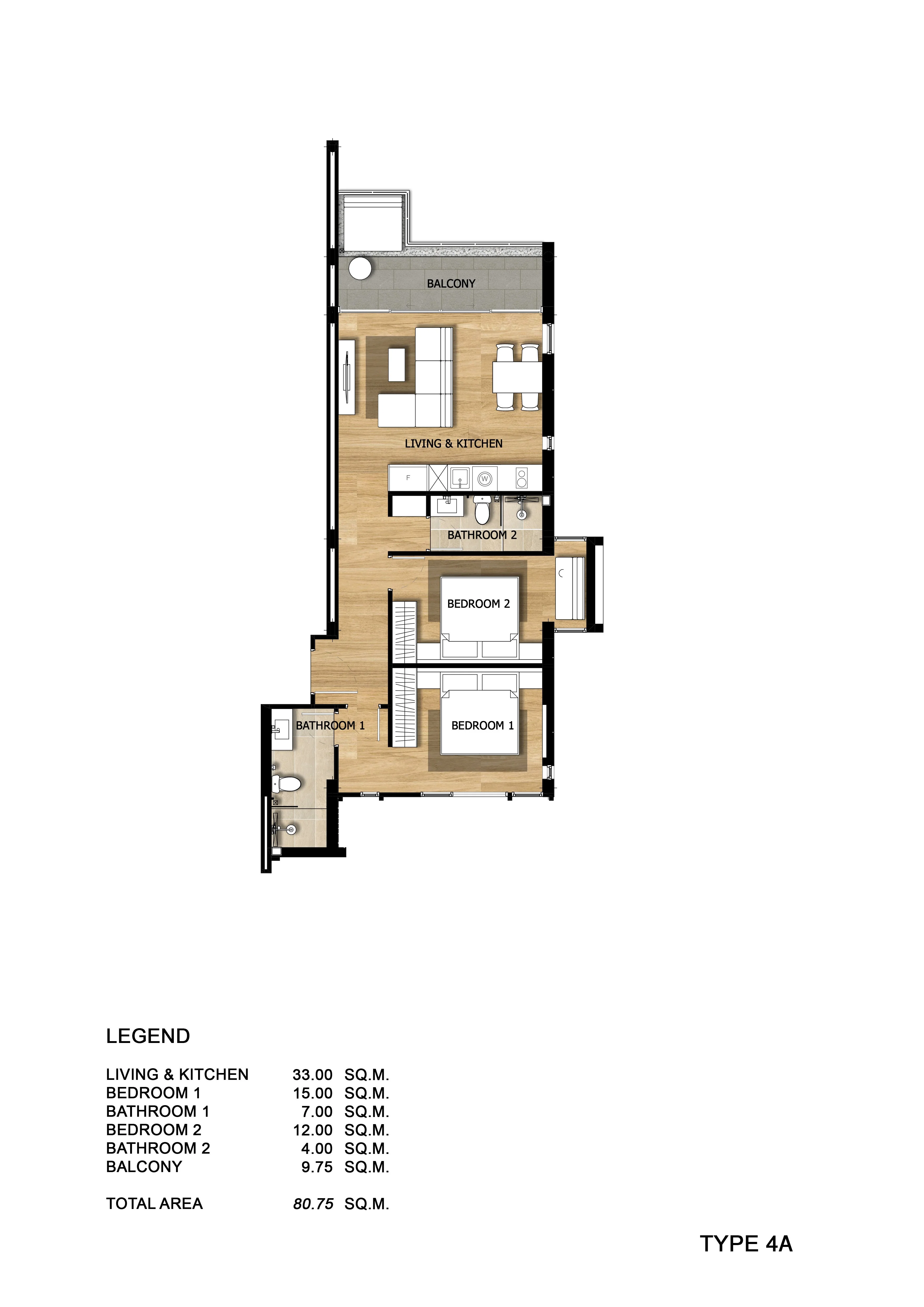 2 bed 76 sqm unit plan Bright Phuket