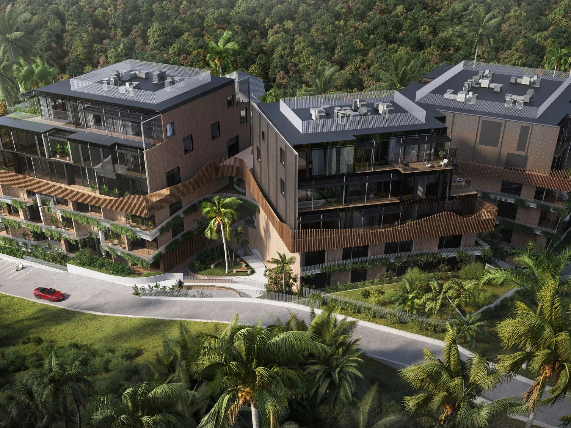 Architecture of Bamboo Forest apartments with landscaped grounds, Thailand