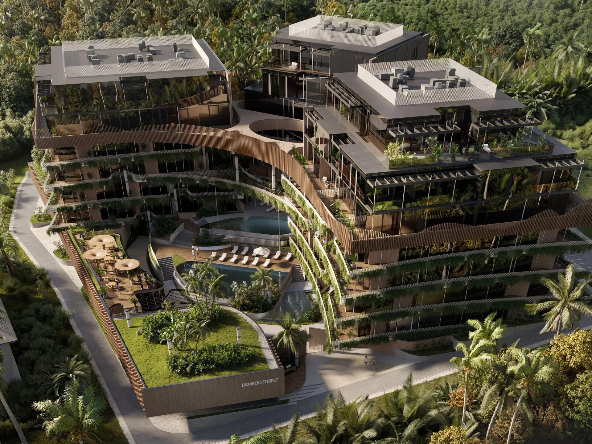 Aerial view of Bamboo Forest residential complex with pool and landscaped grounds, Thailand