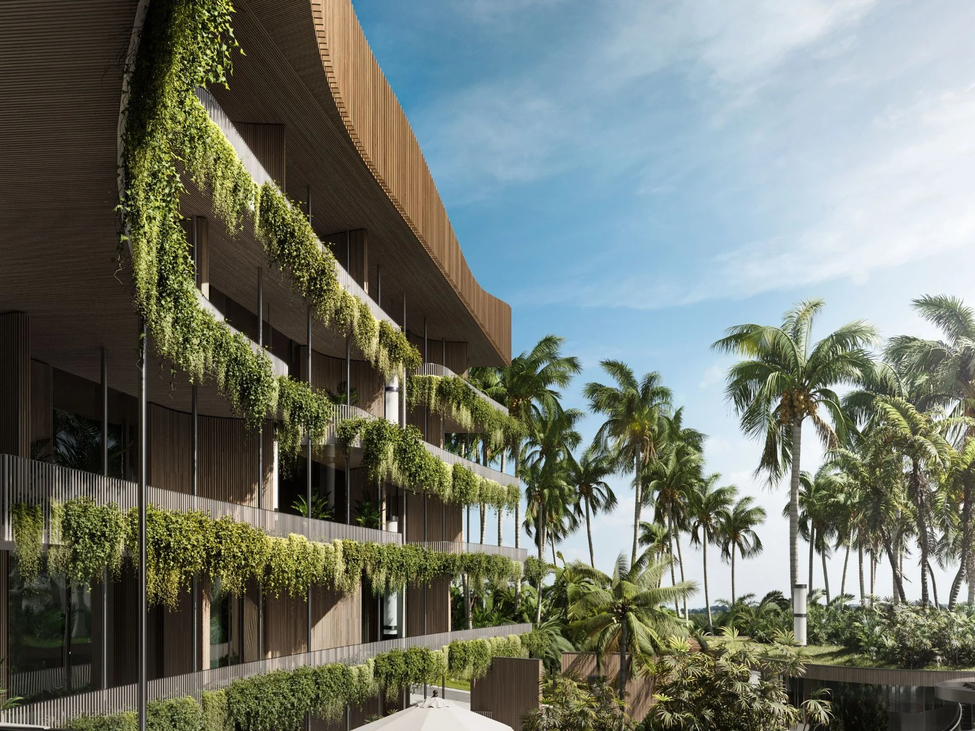 Modern architecture with vertical greenery at Bamboo Forest apartments, Thailand