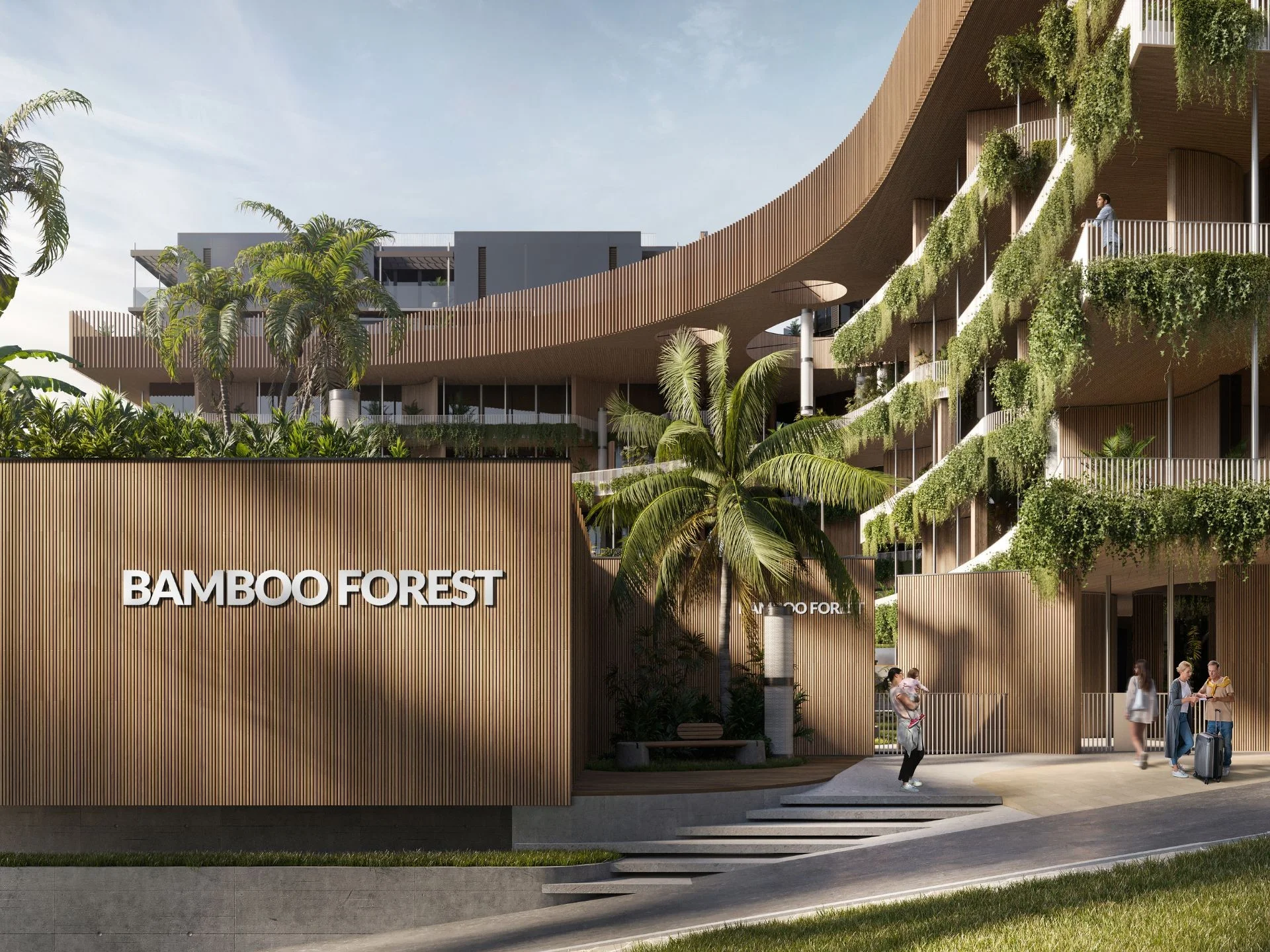 Architektura rezydencji Bamboo Forest z zakrzywioną drewnianą fasadą i tropikalnym krajobrazem, Tajlandia