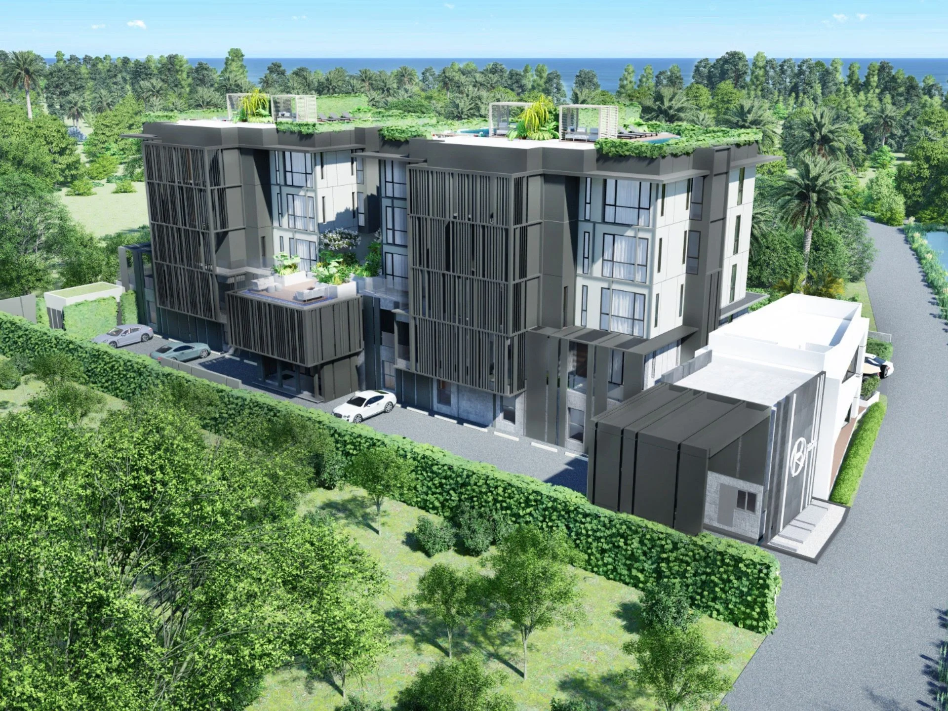 Arquitectura de complejo residencial moderno con vista al mar, Phuket