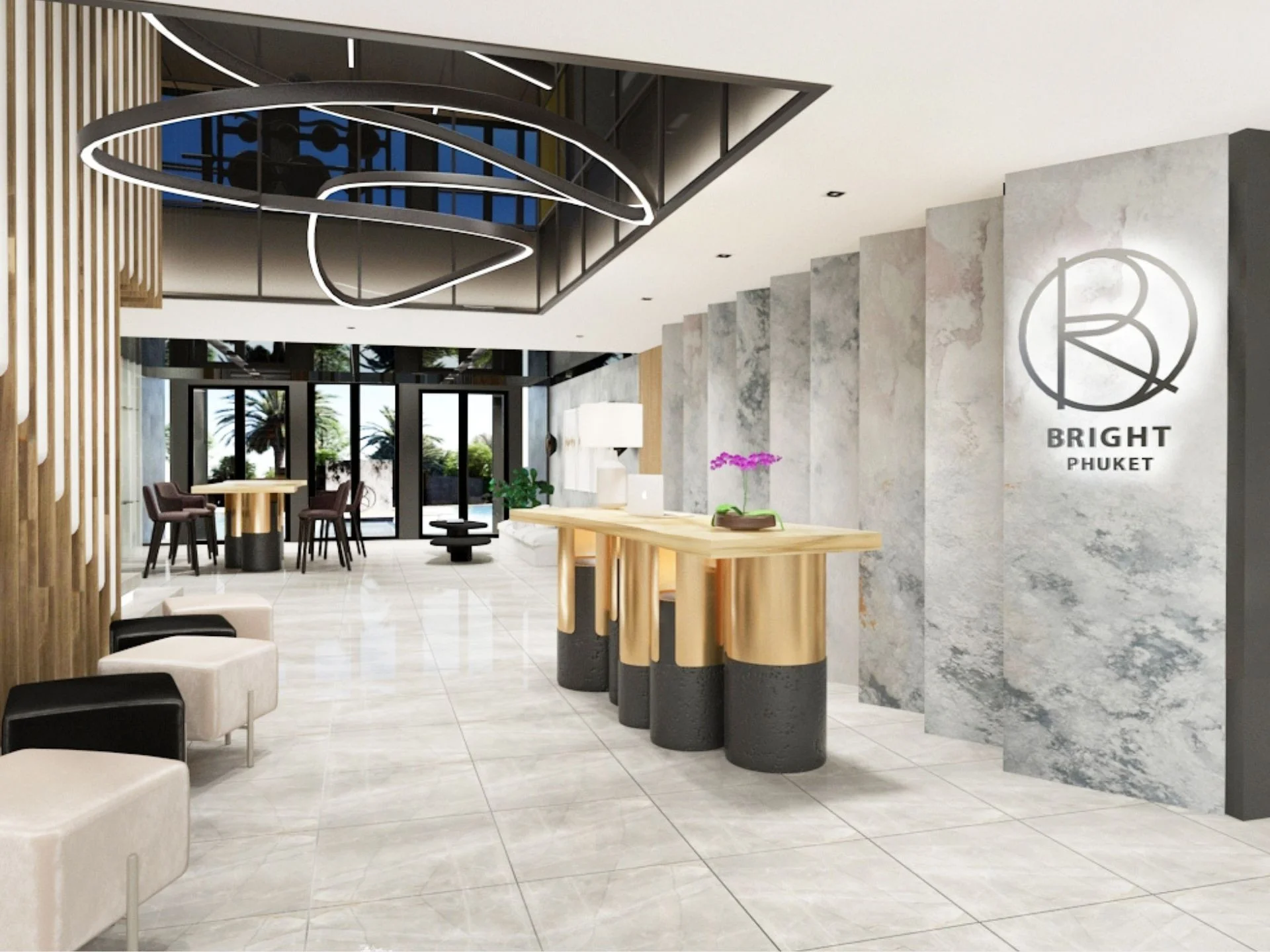 Interno della hall al Bright Phuket con reception e design moderno, Phuket